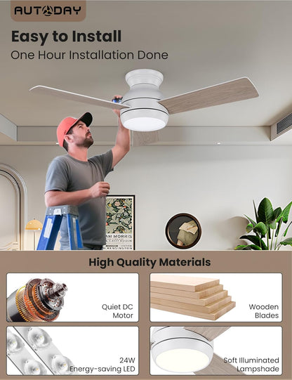 Houten plafondventilator met verlichting, afstandsbediening met geheugenfunctie, stille DC-motor 30 W, diameter 102 cm, plafondventilator outdoor, dimbare led 24 W, 3 omkeerbare bladen, 6
