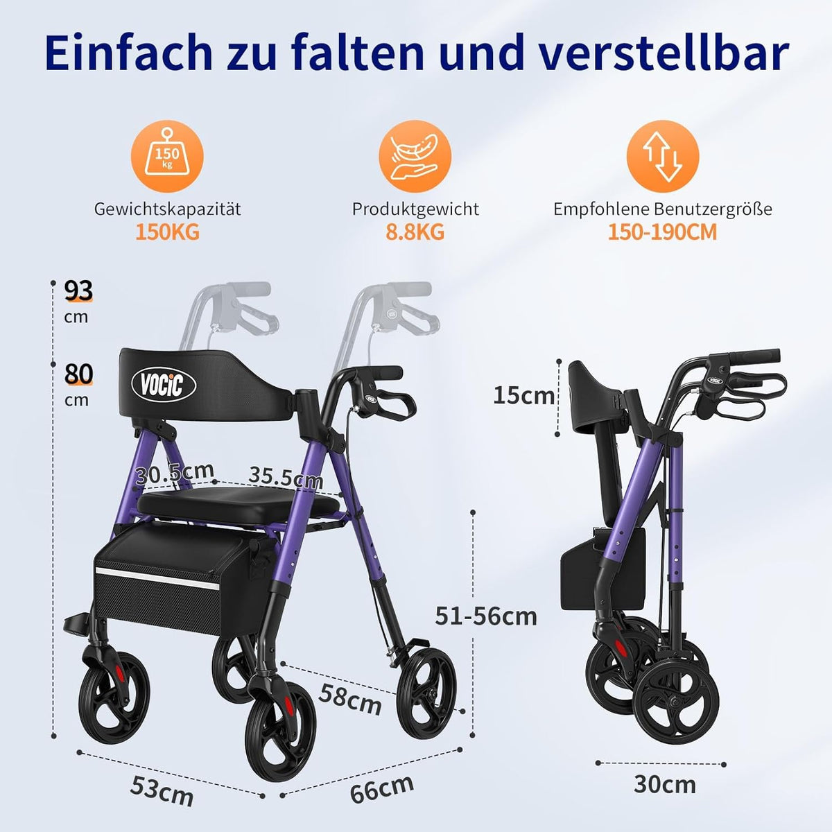 VOCIC Rollator, opvouwbaar en licht, met zitje, Rollators Smal voor woning, Rollatoren voor senioren Opvouwbaar met 20 cm banden voor alle terreinen, zitje en handvat in hoogte verstelbaar, paars