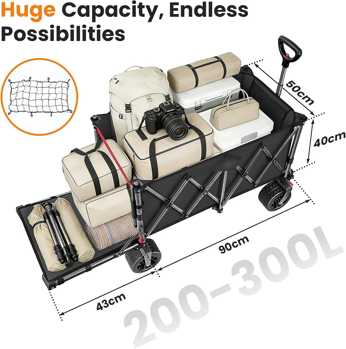 YEAUPE PRO Bolderkar, opvouwbaar, 170 liter, 120 kg, opvouwbare bolderkar met parkeerrem, 4-weg opvouwbaar, in hoogte verstelbaar, voor camping, strandwagen, tuin, winkelen, zwart