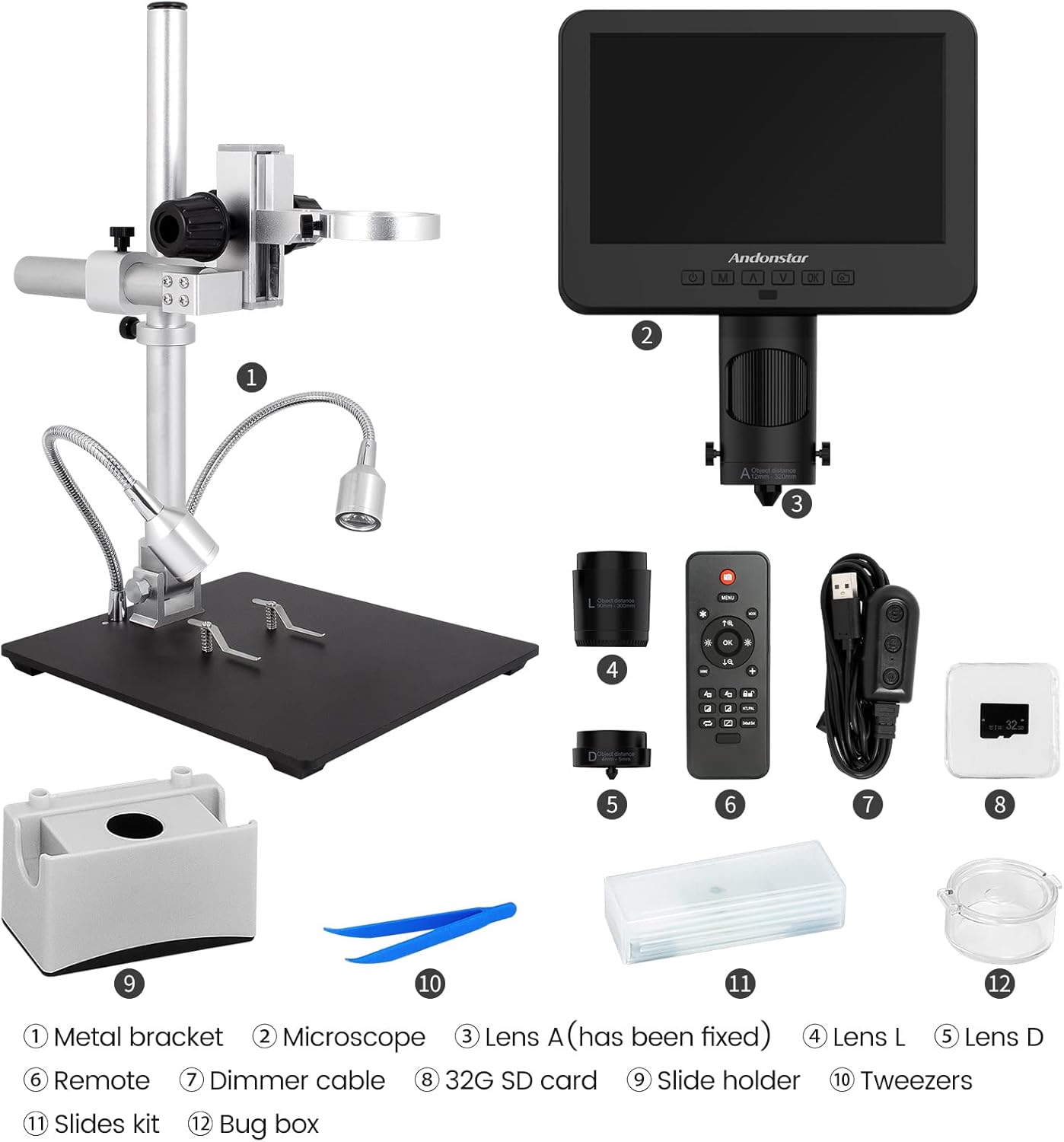 Andonstar AD246-M Digitale Microscoop - 3 Lens Solderen, Elektronisch, Munt, Biologische Kit - 1080P FHD Video Record, 7 Inch LCD 500x, 32G Kaart
