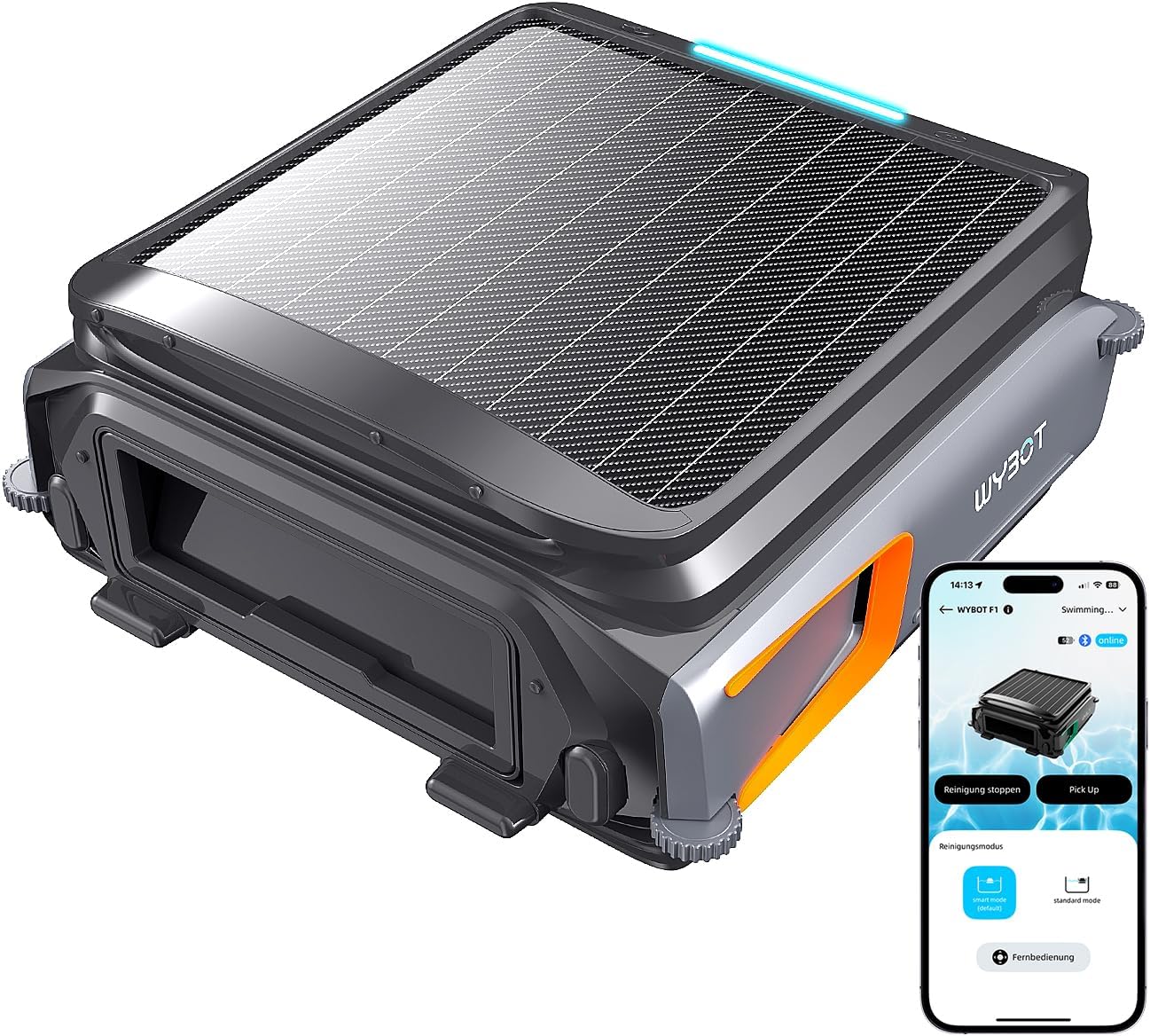 WYBOT F1 Zwembad-skimmer op zonne-energie, zwembadrobot met accu, ultrastil, app-bediening, voor alle zwembaden, zwart oranje (oplader niet inbegrepen, zie speciale aanbieding)