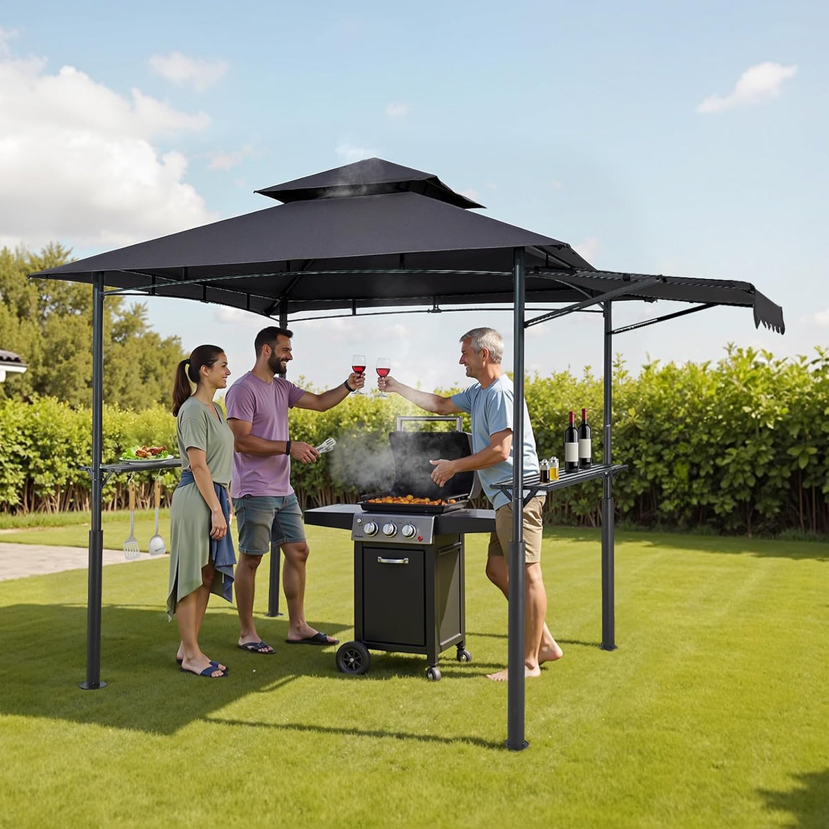 VEVOR Grillpaviljoen, 2,4 x 1,5 m dubbel gelaagd bovenblad, versterkt barbecue-paviljoen met extra luifel, gepoedercoat stalen terrasgrillonderdak met 2 zijplanken en haken, buitengrillluifel voor