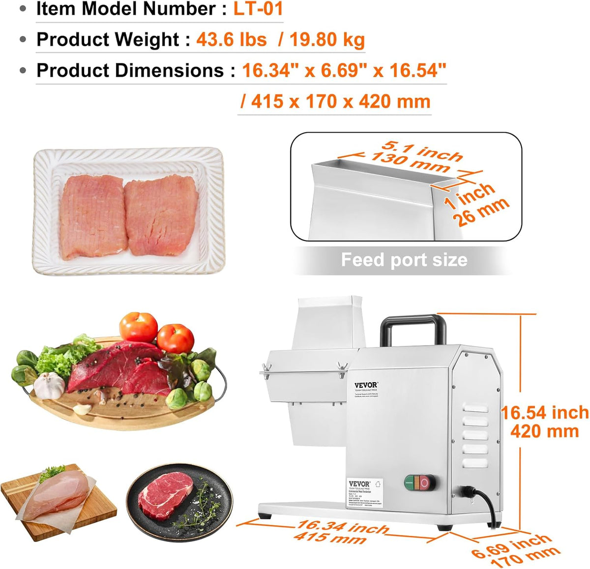 VEVOR Elektrische vleesklopper, vleesmaler, 450 W, met 54 roestvrijstalen messen, professioneel vleeshamer gereedschap, 415 x 170 x 420 mm, voor atomatisch varkensvlees, rundersteakklopper, keukenhulp
