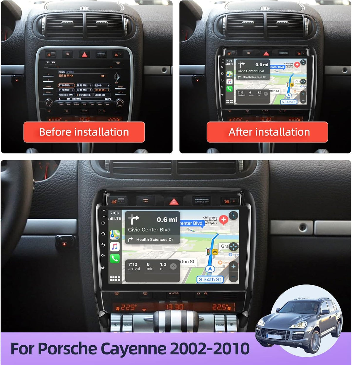 NHOPEEW Android 13 autoradio voor Porsche Cayenne 2002-2010 met Apple Carplay en Android Auto 9 inch touchscreen 2+64G autoradio GPS navigatie Hi-Fi + AHD achteruitrijcamera en microfoon