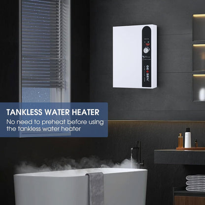 Tankloze elektrische doorstroomboiler, 27 kW, 240 V, eindeloos heet water op aanvraag, met digitale temperatuurweergave voor douches, 114 A, wit