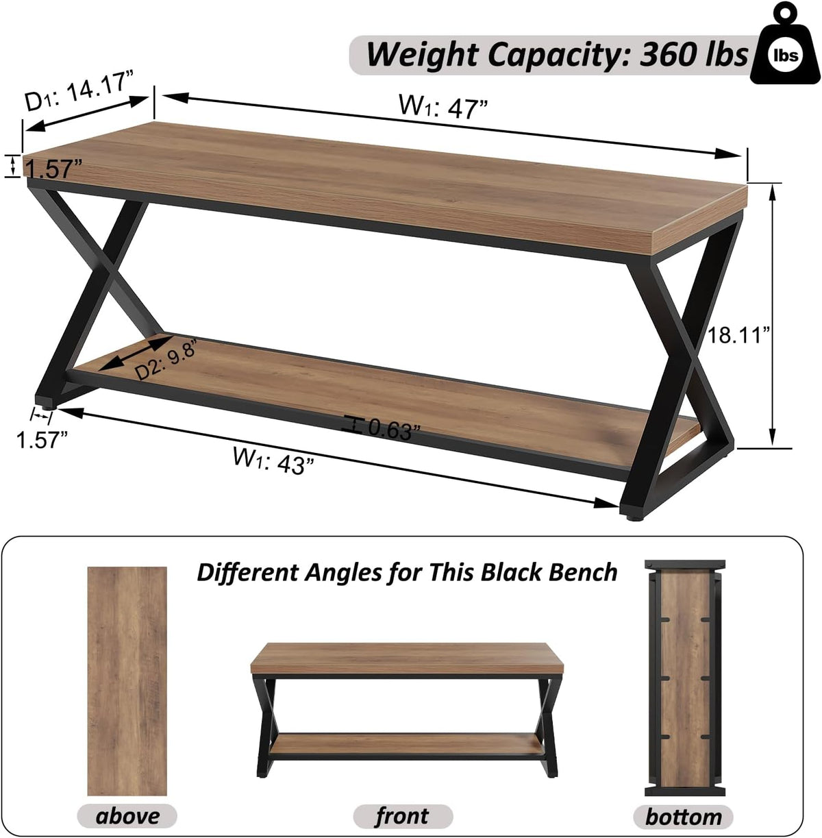 IBF Entryway Bank met opslag, industriële houten metalen opbergbank voor hal, eetkamer, woonkamer, Famrhouse schoenenrek indoor accent zitbanken voor foyer entree slaapkamer, rustiek eiken 120 cm