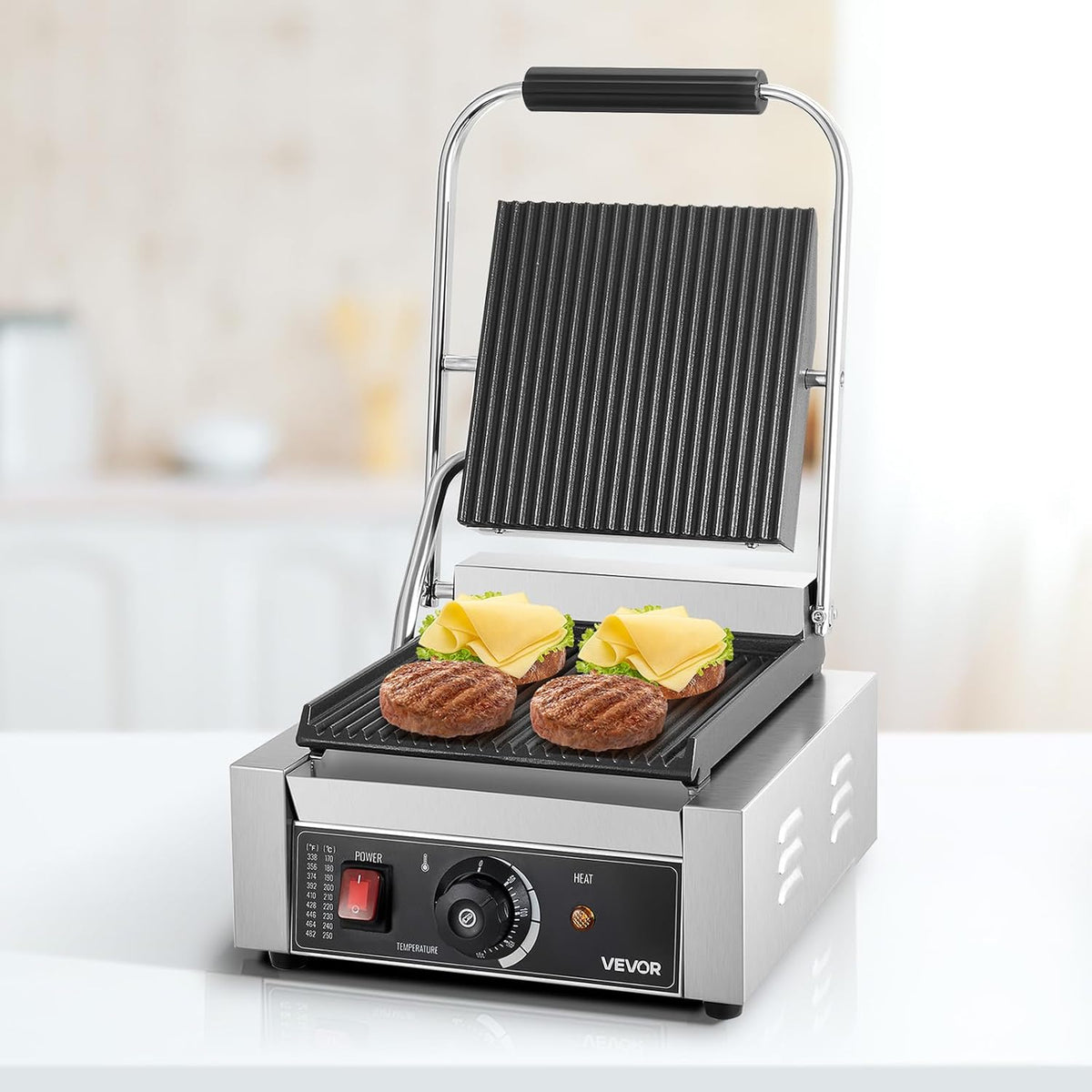 VEVOR Panini Panini Elektrische grillplaat, 1800 W, van roestvrij staal met handvat en temperatuurregeling, geribbeld, geëmailleerd, plat, 22 x 23 cm, voor steak en pancetta