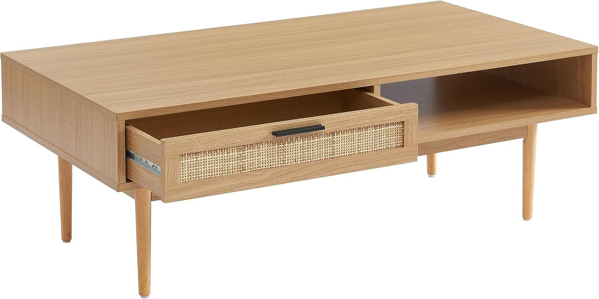 BAÏTA Salontafel Amana eiken look en rieten rotan 2 laden