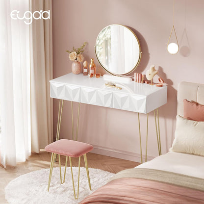 Eugad Dressing Table with Stool and Mirror, 360° Rotatable, Makeup Mirror, Dressing Table with 3 Drawers, Padded Velvet Stool, 3D Effect Drawer, White and Gold - QUORE