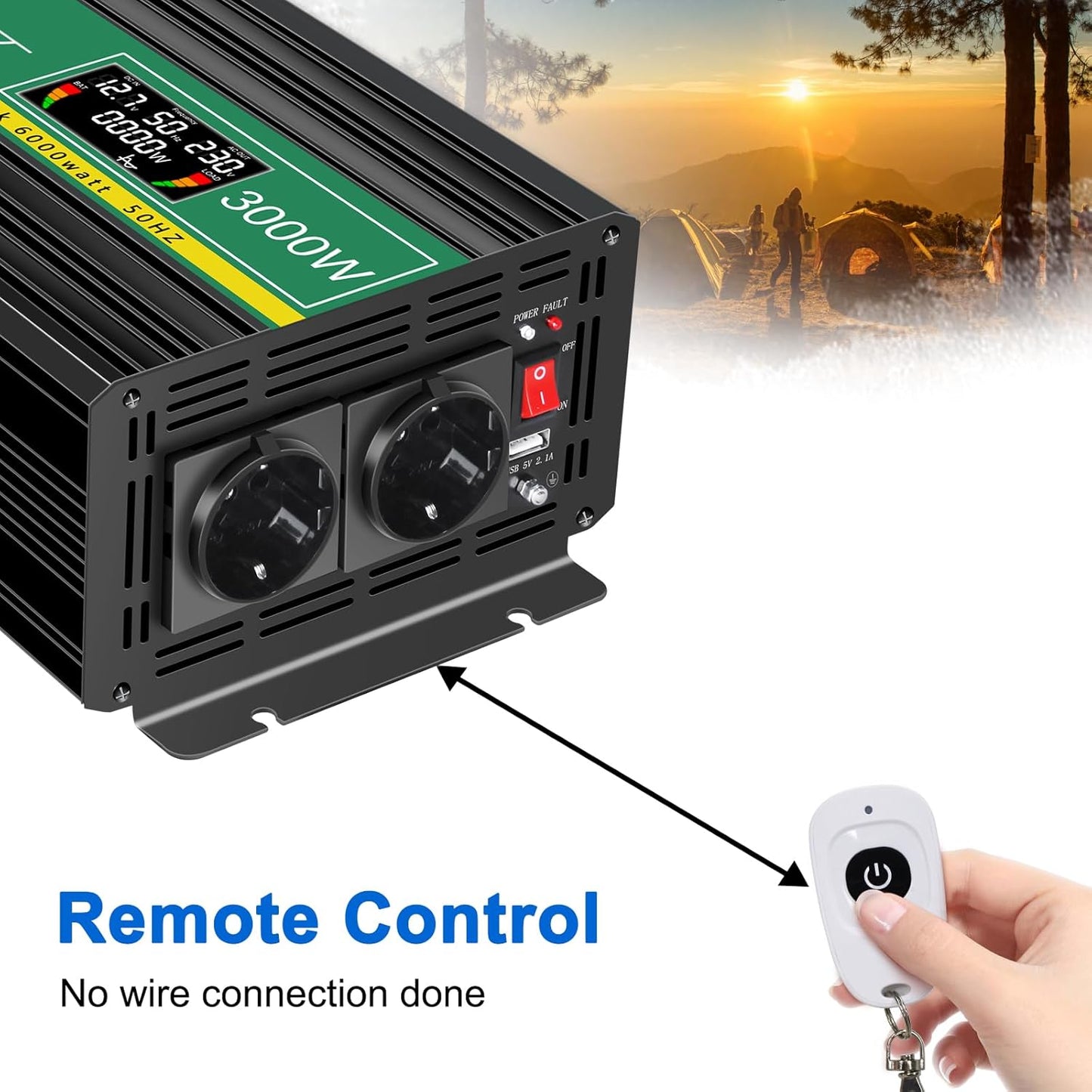 JIGUUN 3000W omvormer 12v naar 230v zuivere sinus inverter met draadloze afstandsbediening LCD-scherm 2 Eu-stopcontact & 1 USB-poort Piekvermogen 6000W voor auto, camping, reizen (3000W12V)