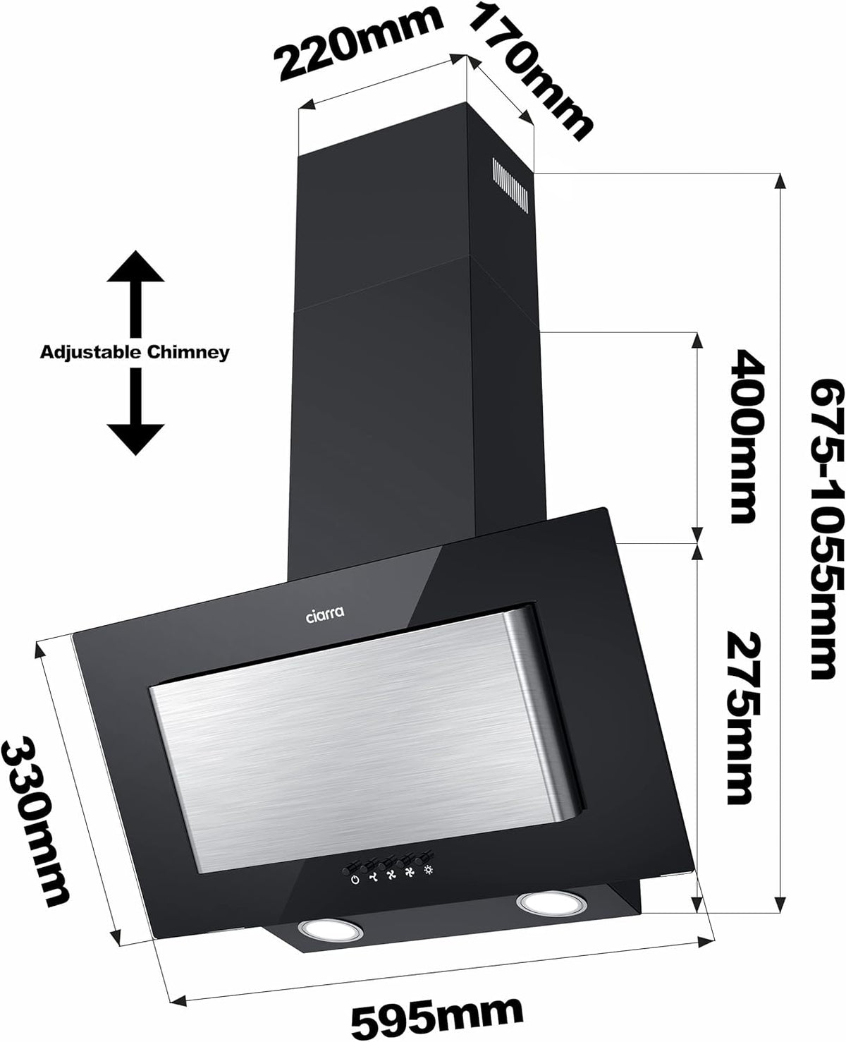 CIARRA CBCB6736D Ef­fi­zi­ENZ A Kopffreie Schräghaube 60cm 350m³/h mit CBCF002X2 Kohlefilter Abluft Umluft 3 Stufen Dunstabzugshaube Wandabzugshaube, Silber [Energieklasse A]