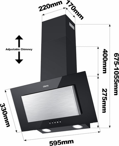 CIARRA CBCB6736D Ef­fi­zi­ENZ A Kopffreie Schräghaube 60cm 350m³/h mit CBCF002X2 Kohlefilter Abluft Umluft 3 Stufen Dunstabzugshaube Wandabzugshaube, Silber [Energieklasse A]