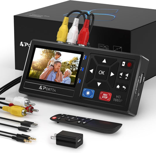 PORTTA VHS naar digitale converter, video naar digitaal recorder met afstandsbediening, compatibel met VHS, videorecorder, DVR, DVD, Hi8, Mini DV, camcorder, cassettetape, gameconsoles