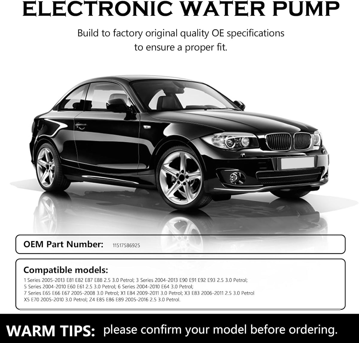 Electric Water Pump for 1 2 3 5 6 Series X1 X3 X5 Z4 2.5 3.0 N51 N52 2004-2013 11517586925