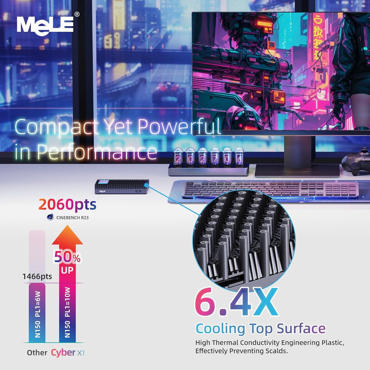 MeLE Mini-PC zonder ventilator, Cyber X1 N150, 16 GB RAM, 512 GB SSD, USB-C volledig functioneel met USB PD3.0, videoweergave en gegevensoverdracht, 2 x HDMI 2.0