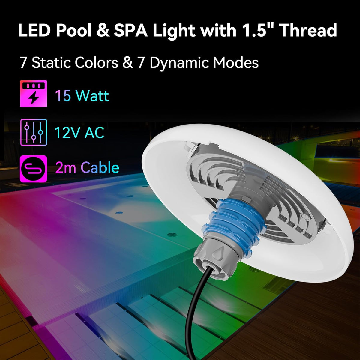 Led-Zwembadverlichting – Zwembadlamp, Zwembadspot, Onderwaterlamp, Onderwaterverlichting – 1,5 Inch Buitendraad Voor Betonzwembaden En Spa's – 15 W RGB – Synchrone Besturing Met Controller En Afstandsbediening