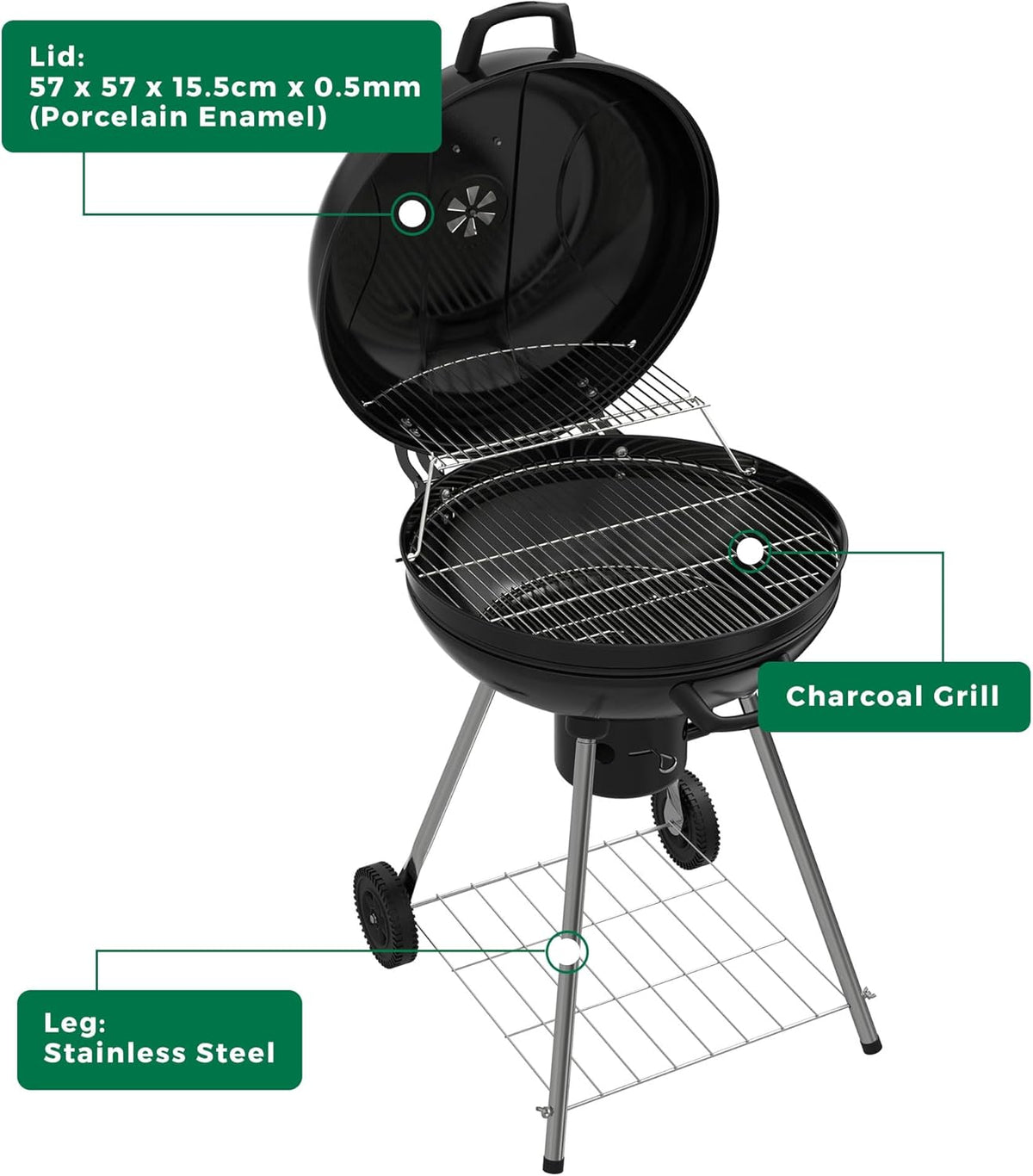 Draagbare houtskoolbarbecue, 22,5 inch ronde waterkoker met wielen, warmhoudrek, zwart, asverzamelaar