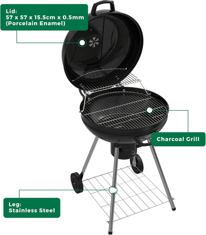 Draagbare houtskoolbarbecue, 22,5 inch ronde waterkoker met wielen, warmhoudrek, zwart, asverzamelaar