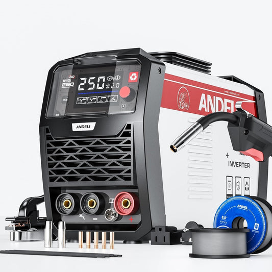 ANDELI MIG lasapparaat 135 A, IGBT omvormer 110 V/220 V, multiproces (MIG Flux/TIG heffen/stick), zonder gas, model MIG-250ME met led-display.