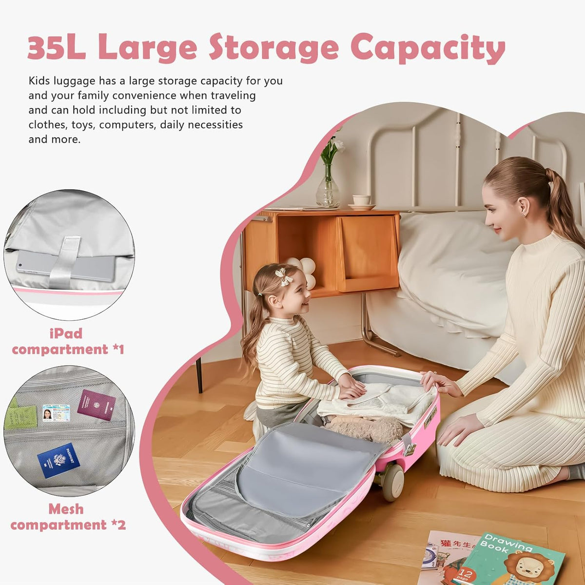 Ride-On koffer voor kinderen, 2-in-1 lichtgewicht reisbagage met 360 ° Spinner wielen, duurzame Carry-On trolley tas voor meisjes jongens - Max belasting 50KG (Graffiti-stijl roze en wit)