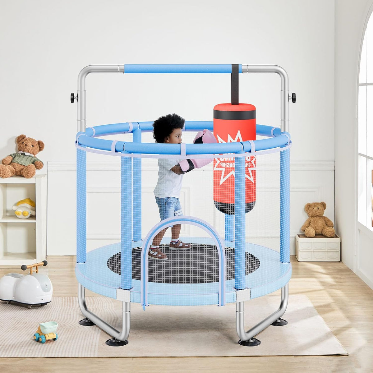 VEVOR Trampoline voor kinderen voor binnen en buiten, mini-trampoline voor peuters met veiligheidsnet en basketbalring, voor kinderen vanaf 3 jaar, 1470 x (1540-1690) mm, blauw