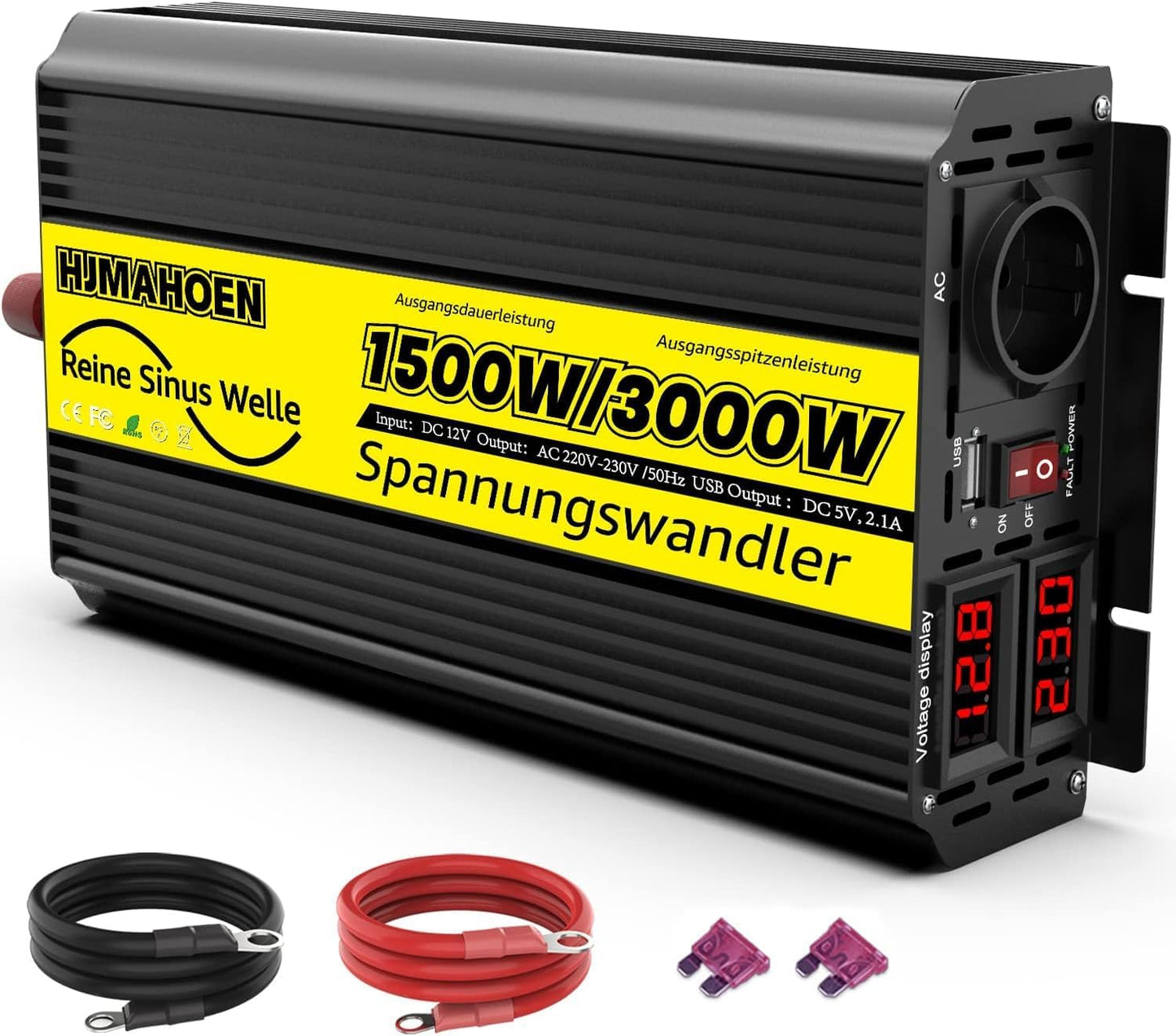 Pure Sine Wave omvormer, 1500 W/3000 W, 12 V naar 230 V, Pure Sine Wave spanningsomvormer voor camper, vrachtwagen, met ingebouwde 5 V/2,1 A USB-laadpoorten, auto-omvormer, 12 V