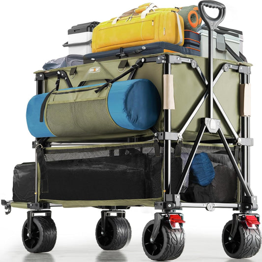 Overmont 400L Opvouwbare dubbeldekker Wagon - All-Terrain Afneembare Grote Wielen 200kg Capaciteit Opvouwbare Festivalwagen voor Camping Sport Winkelen Tuin en Strand Groen