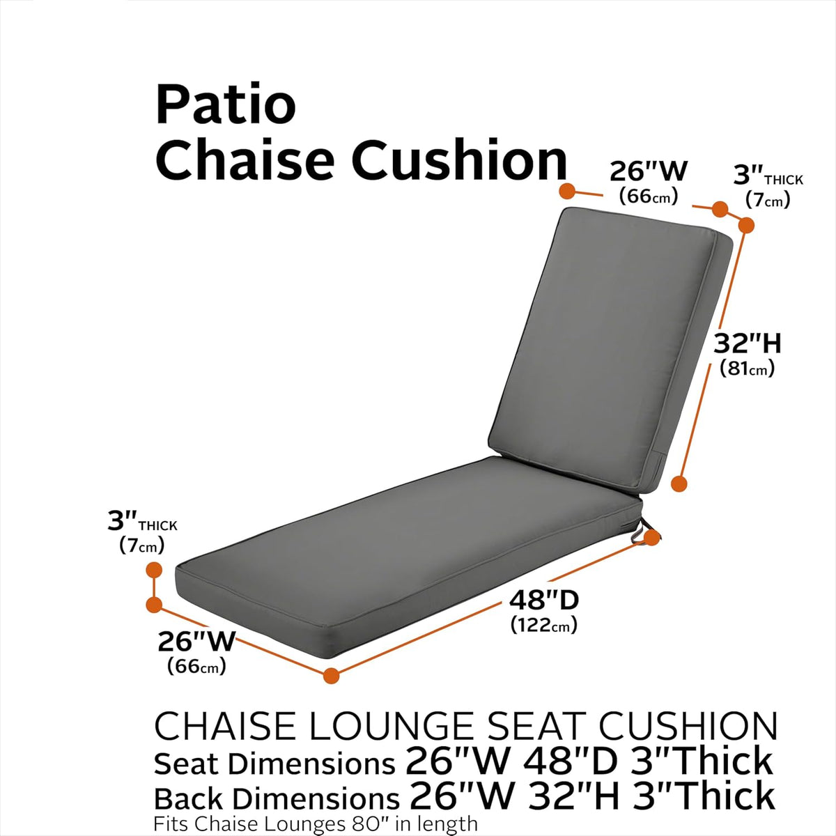 Classic Accessories Montlake FadeSafe Waterbestendig 202 x 66 x 7 cm Outdoor Chaise Lounge-kussen, terrasmeubelkussen, licht houtskoolgrijs, buitenzitkussens