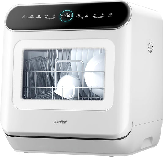 COMFEE' Mfd42S110W-It Freestanding Dishwasher with 3 Blankets, 7 Programs, Touch Control, LED Display, Delay Start and Wash Function Off Season, White