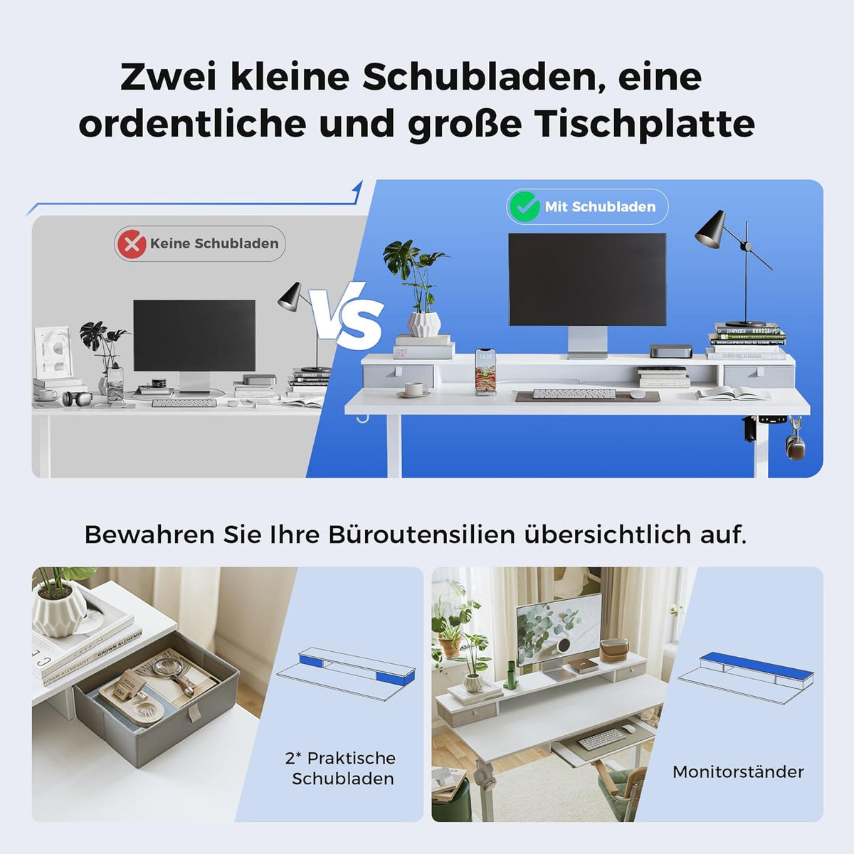 Agilestic Height Adjustable Desk with Two Drawers, 120 x 60 cm, Electric Computer Table with Memory Function, Office and Home Desk, White - QUORE