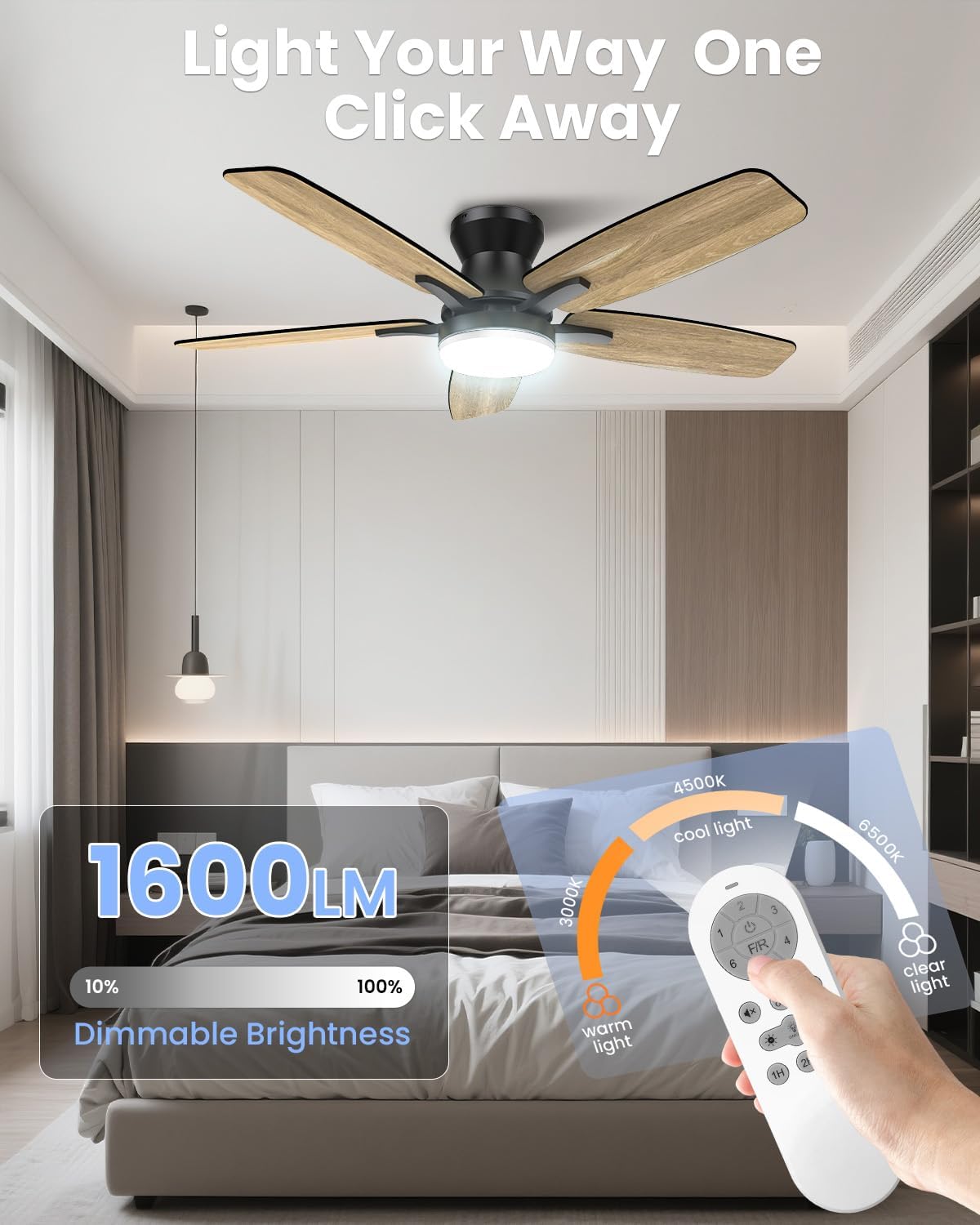 106 cm stille plafondventilator met licht, dubbelzijdige bladen, verstelbare plafondventilatorlamp met afstandsbediening en omkeerbare gelijkstroommotor voor slaapkamer en woonkamer, 6