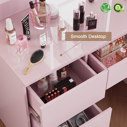 Devoko Large Dressing Table with Adjustable LED Lights and Drawer, Makeup Table with Mirror, Makeup Table with 7 Drawers, 4Open Storage Shelves, Modern Bedroom Furniture for Girls,110 x 40cm(Pink) - QUORE