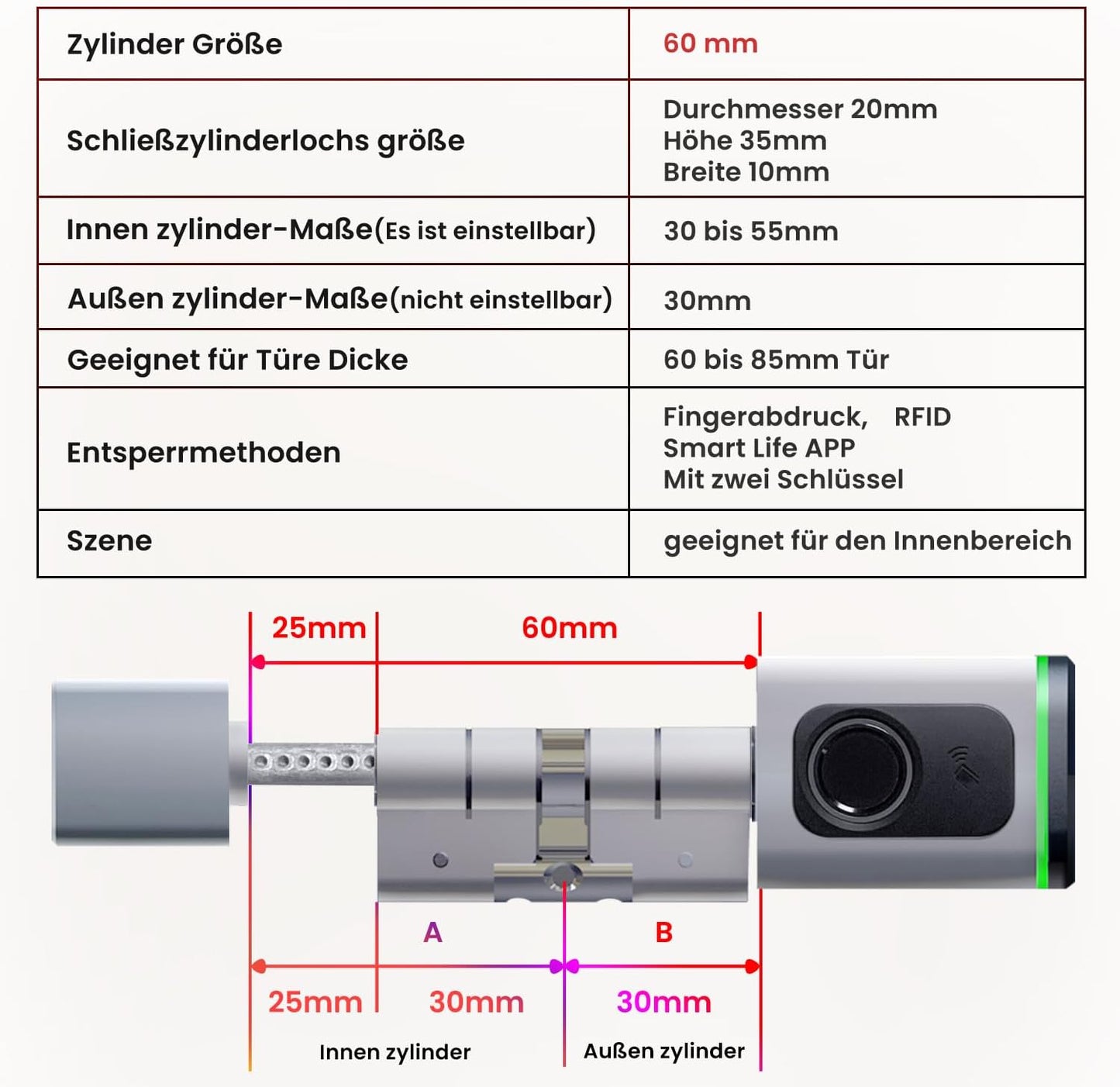 AVATTO Smart deurslot met vingerafdruk, elektronische sluitcilinder 70mm (35/35) met 2 sleutels, IC-kaart, ondersteunt Smart Life app-afstandsbediening, Bluetooth vingerafdruk deurslot
