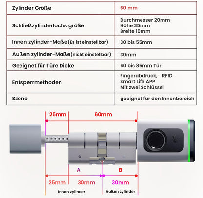 AVATTO Smart deurslot met vingerafdruk, elektronische sluitcilinder 70mm (35/35) met 2 sleutels, IC-kaart, ondersteunt Smart Life app-afstandsbediening, Bluetooth vingerafdruk deurslot