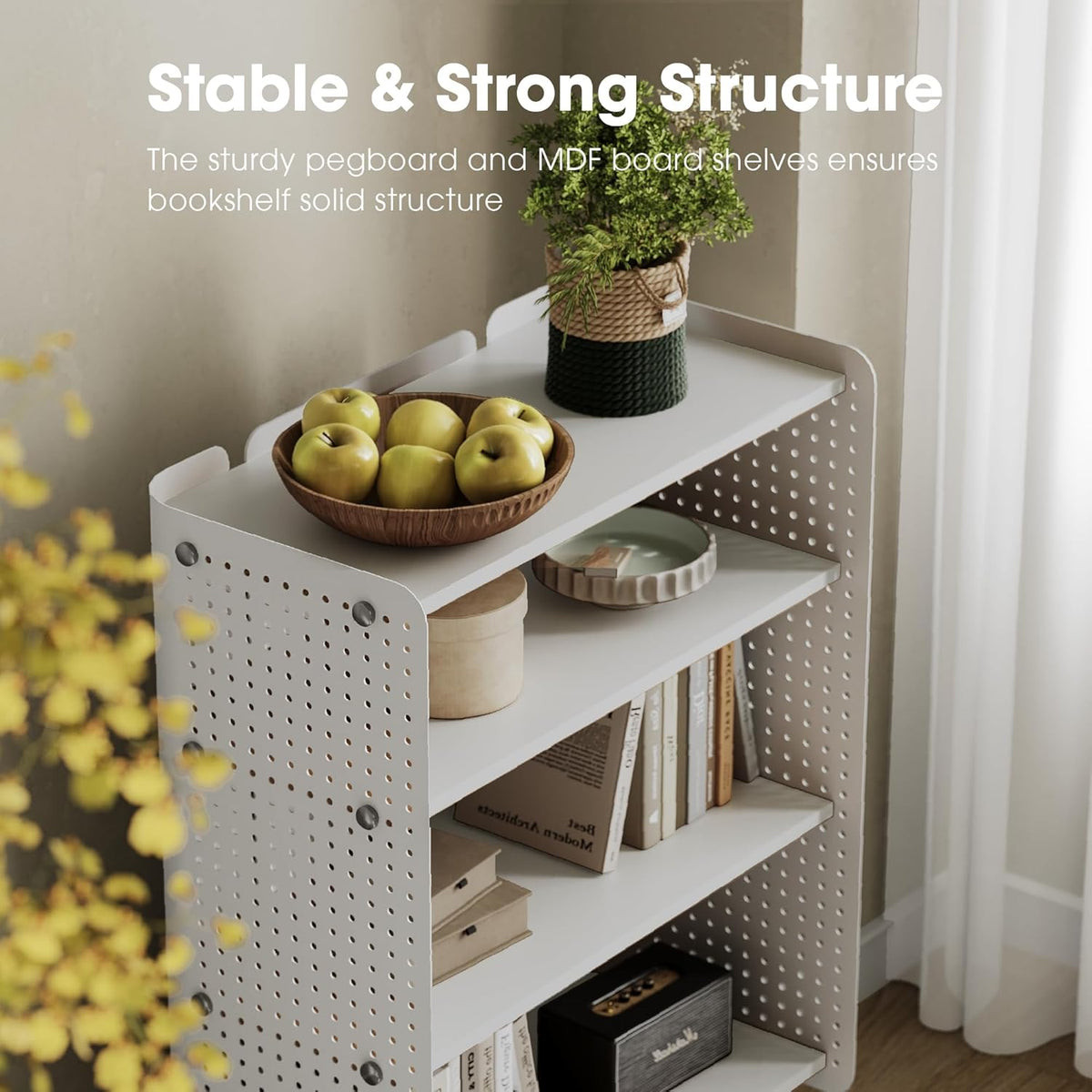 Fenge Boekenplank 4 lagen moderne displayrek plank met Pegboard, kleine boekenkast met verstelbare planken voor woonkamer, slaapkamer, thuiskantoor, 61,6 × 31,2 × 85,3 cm, Wit
