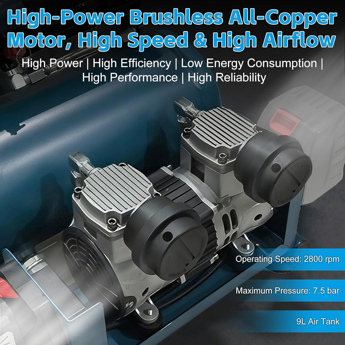 Accucompressor – Persluchtcompressor – Kleine Compressor – Luchtcompressor – Draagbare Compressor – 7,5 Bar Werkdruk – 9 Liter Gasflescapaciteit