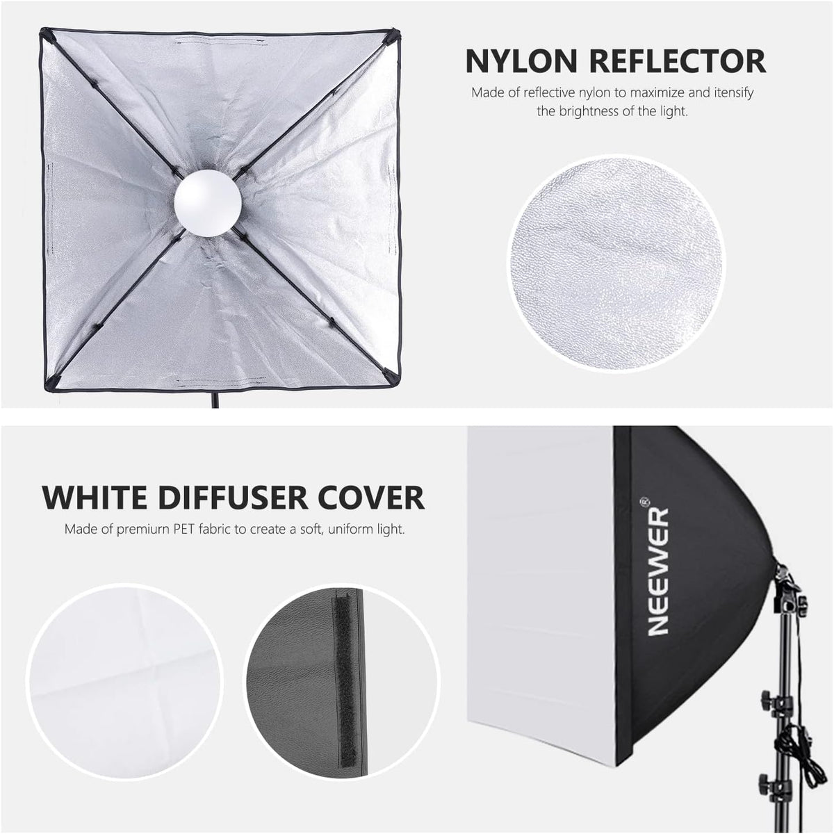 Neewer 60x60cm softbox met E27 fitting 700W studiolamp softbox set, voor fotostudio portretten, productfotografie en video-opname