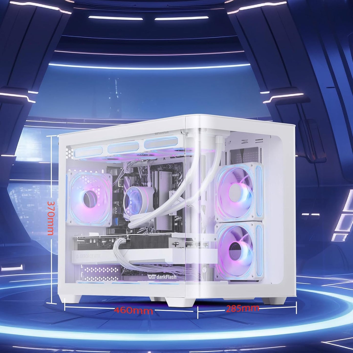 darkFlash Micro-ATX Gaming PC-hoes, MATX PC-behuizing met 3 x 120 mm ARGB-ventilatoren, panoramisch zicht, dubbel gehard glazen computerbehuizing, USB 3.0-poort, ondersteunt dubbele 360 mm AIO, wit