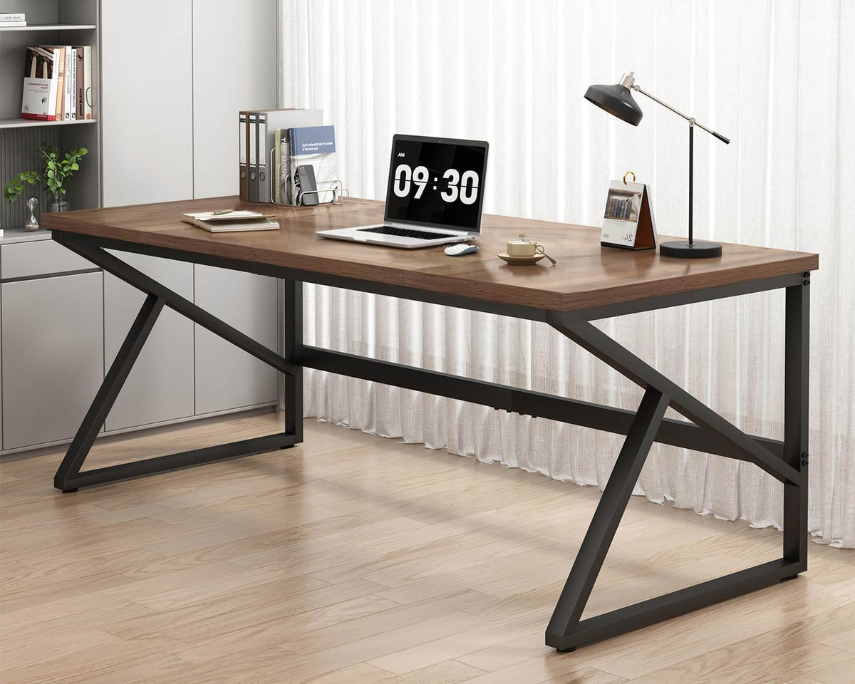 HSH Groot bureau voor thuiskantoor, modern houten metalen computerbureau voor twee personen, extra lang uitvoerend schrijven, studie, gaming dubbel bureau, werkstation, 70 inch rustieke slaapkamer