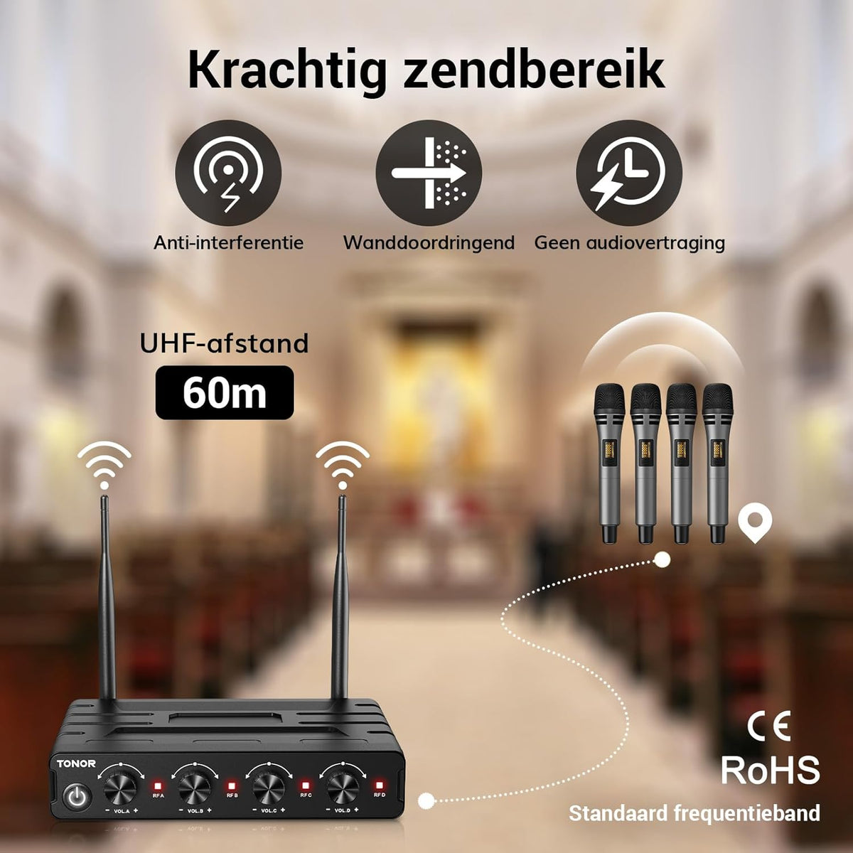 Draadloze Microfoonset – Handmicrofoon, Karaokemicrofoon, Zangmicrofoon, Dynamische Microfoon – 4x5 Kanalen – 60 Meter UHF Bereik