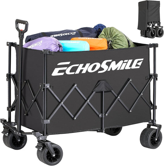EchoSmile XXXXL Bolderkar, opvouwbaar, met 300 l, 227 kg belastbaar, strandwagen met grote wielen voor alle terreinen, draagbare winkelwagen, transportwagen met remmen, campingwagen voor buiten, zwart
