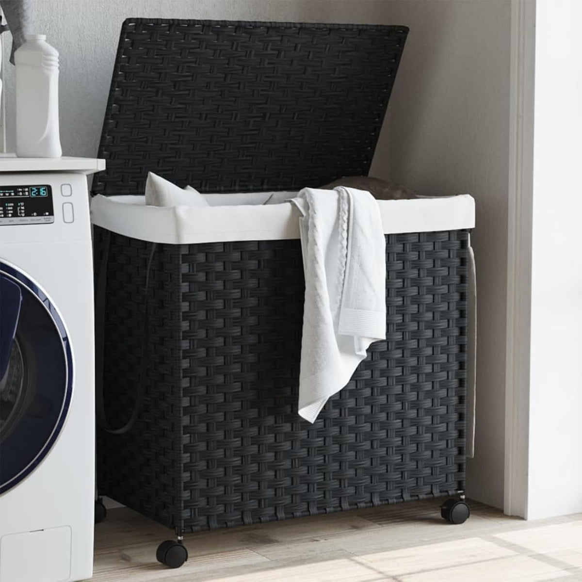 Gecheer Laundry Basket with Wheels, Black, 60 x 35 x 60.5 cm, Rattan, Laundry Basket, Laundry Basket, Laundry Basket for Baby Clothing, Bed Linen Shoes, 372042 - QUORE