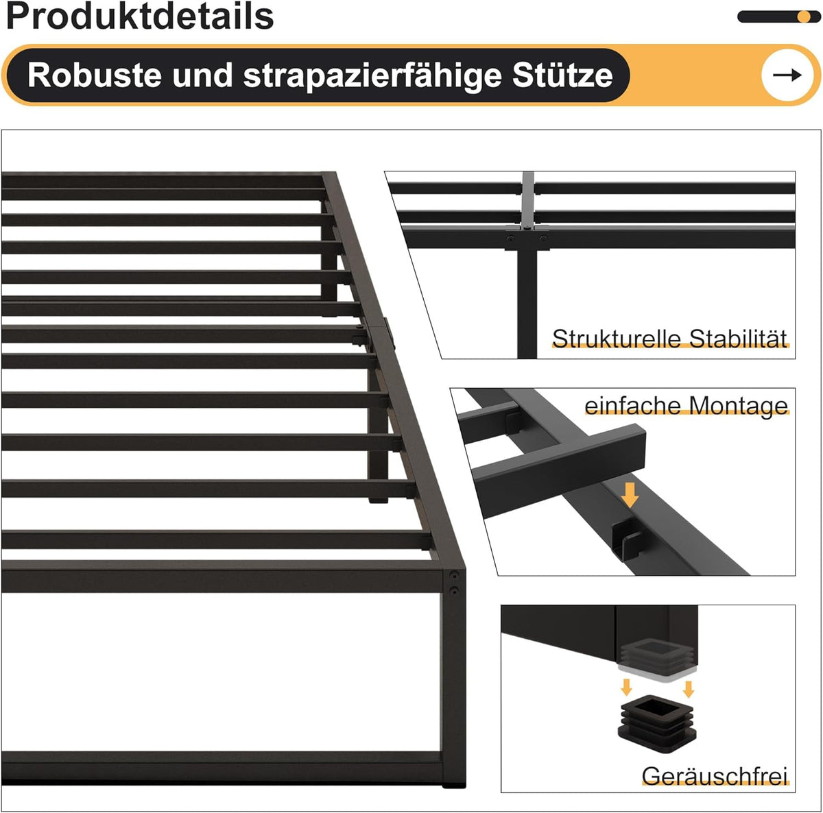 Yicensen Tweepersoonsbed 160 x 200 cm Metalen Bed Met Lattenbodem, Hoogte 41 cm, Dubbel Bedframe, Stil, Stabiel, Minimalistisch Design, Eenvoudig te Monteren, Zwart