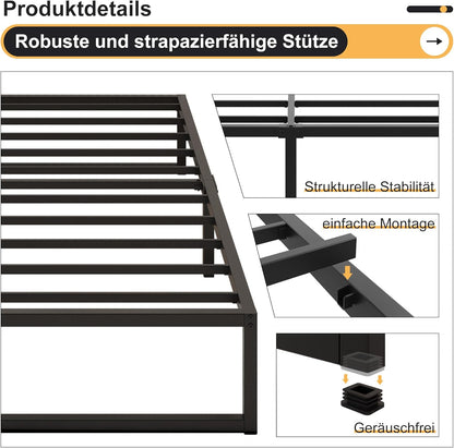 Yicensen Tweepersoonsbed 160 x 200 cm Metalen Bed Met Lattenbodem, Hoogte 41 cm, Dubbel Bedframe, Stil, Stabiel, Minimalistisch Design, Eenvoudig te Monteren, Zwart
