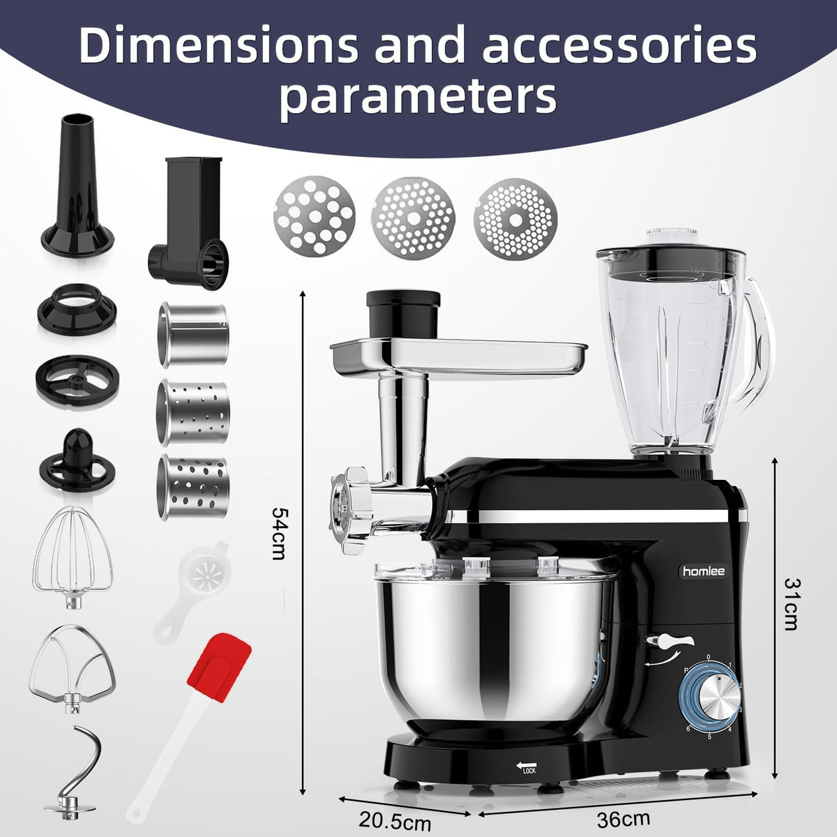 Blender Multifunctionele keukenmachine, 1800 W, professionele universele elektrische vleesmolen met mixer, glas 1,5 l, 3 hakplaten, roestvrijstalen kom 5,5 l