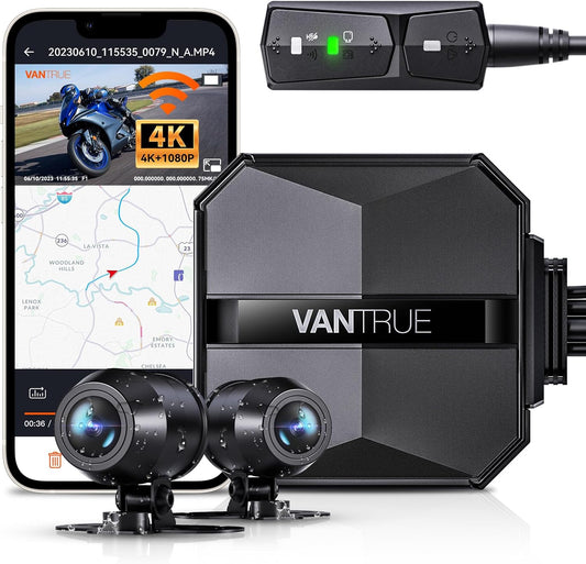 VANTRUE F1 4K + 1080P dashcam motorfiets, 5GHz WiFi GPS dashcam voor en achter, IP67, Duitse stemaanwijzingen motorcamera, 24 uur. Botsingsdetectie, Kilometerstand, WDR & HDR & App, Maximaal 512G