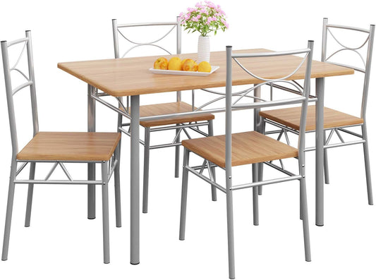 Eethoek – Eettafel Set – Eetkamermeubel – Keukenmeubel – Stoelenset – Compact Formaat – Stevig Gepoedercoat Metaal – MDF Beukenlook