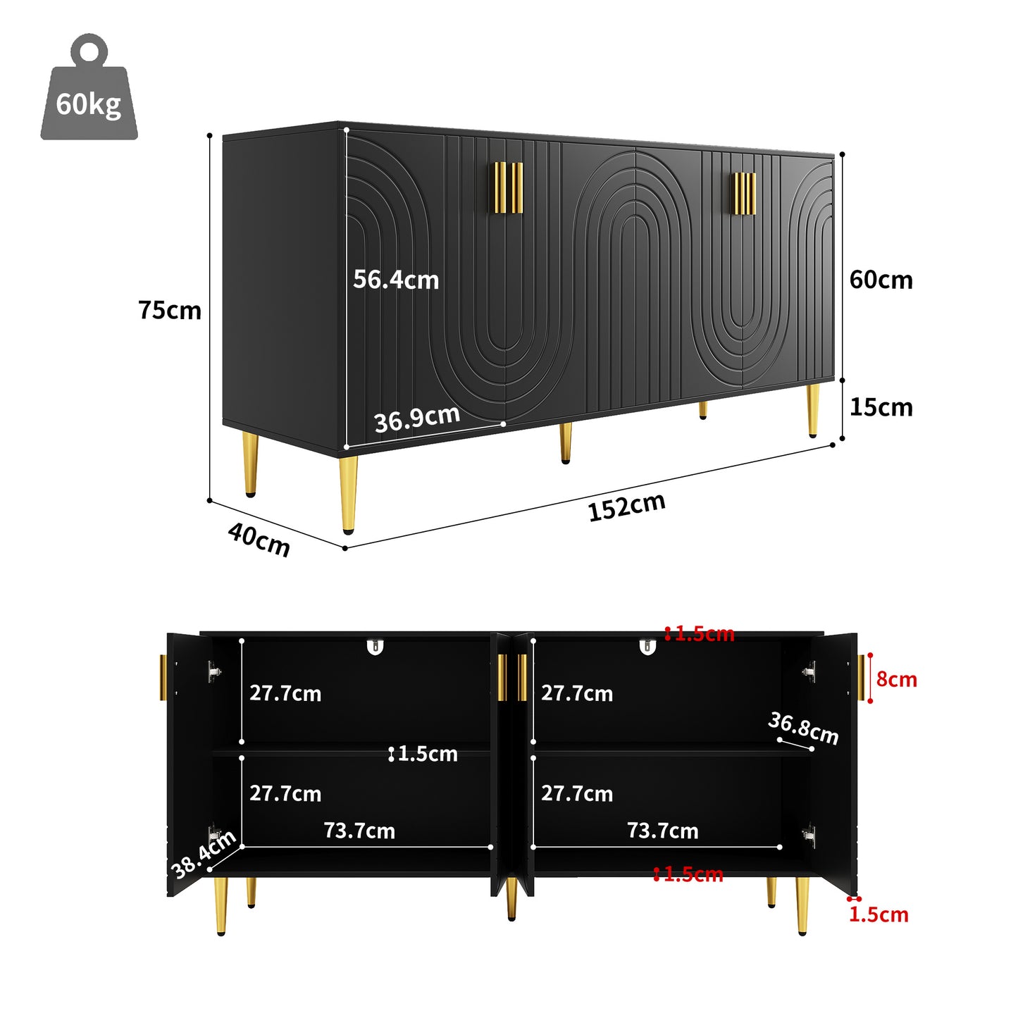 Dressoir – Sideboard – Buffetkast – Tv-Meubel – Opbergkast – Zwart Met Gouden Details – 152x40x75 CM – Tip-Over Beveiliging