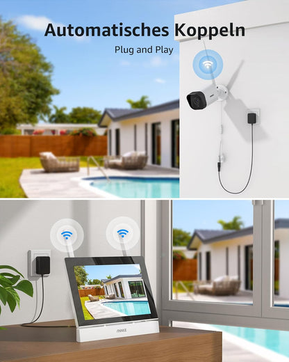 ANNKE Bewakingscameraset met monitor, 5 MP 4CH 7 inch touchscreen, NVR-beeldscherm met 2 stuks 5 MP wifi-camera, 2-weg audio, persoonsherkenning, 30 m nachtzicht, app- en e-mailalarm, 64 GB SD-kaart