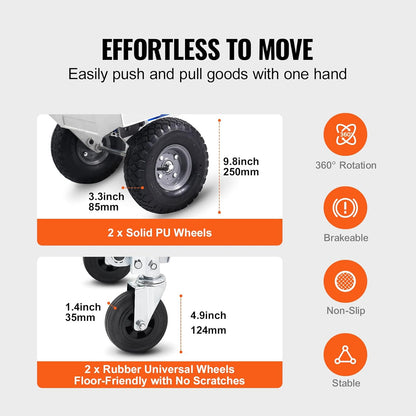 VEVOR Aluminium Trailer Truck, 2-in-1, Hand Truck, Moving Truck, Load Capacity 363 kg, Hand Truck, Convertible in Platform Truck, Rubber Wheels for Transport, Warehouse, Goods